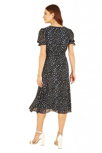 Black Animal Print Midi Tea Dress Mela London